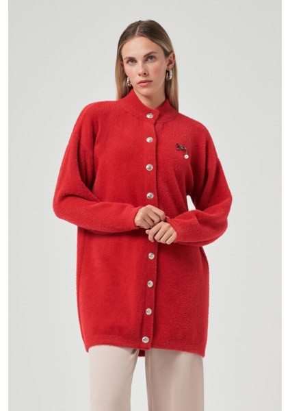 Düğme Detay Angora Hırka 7005 Kırmızı