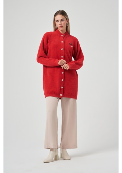Düğme Detay Angora Hırka 7005 Kırmızı indirimleri