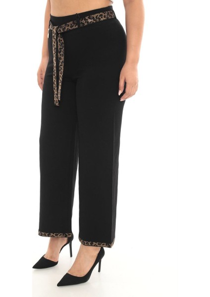 Büyük Beden Toparlayıcı Taşlı Kemer Yüksek Bel Taş Detaylı Geniş Paça Örme Kadın Pantolon