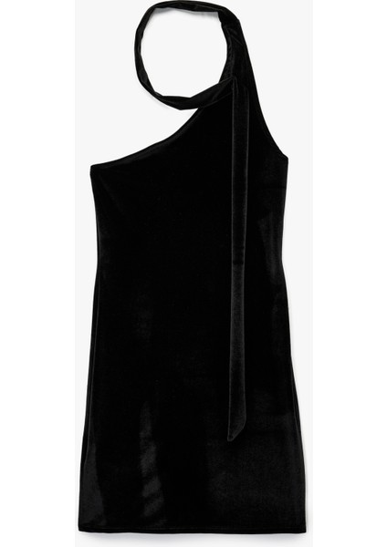 Kolsuz Asimetrik Yaka Boyundan Bağlamalı Kadife Mini Elbise