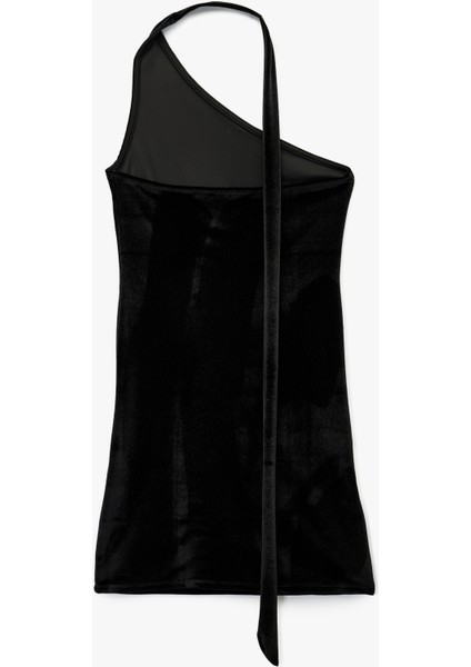 Kolsuz Asimetrik Yaka Boyundan Bağlamalı Kadife Mini Elbise fiyatları