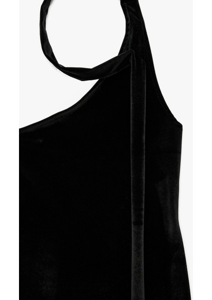 Kolsuz Asimetrik Yaka Boyundan Bağlamalı Kadife Mini Elbise modelleri