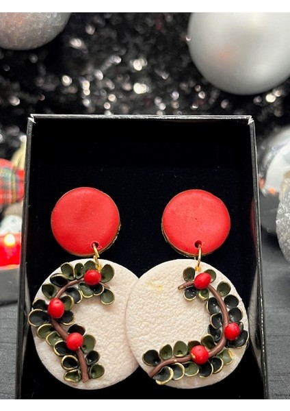 Kış Dalları Koleksiyonu El Yapımı Polimer Kil Küpe | Kırmızı & Yeşil Yılbaşı Tasarımı