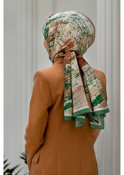 Lüks Medine Ipeği Fırça Desenli Petrol Yeşili Renkli 75X195 Kırışmaz Şal Moss Krep Dikiş Tipi Italyan Dikişli