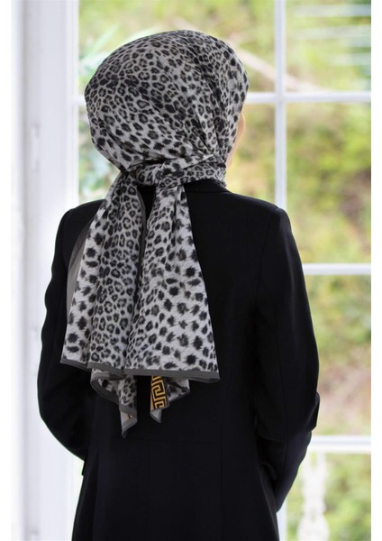 Lüks Medine Barok Bardürlü Leopar Desenli Gri - Gri Renkli 75X195 Kırışmaz Şal Moss Krep Dikiş Tipi Italyan Dikişli