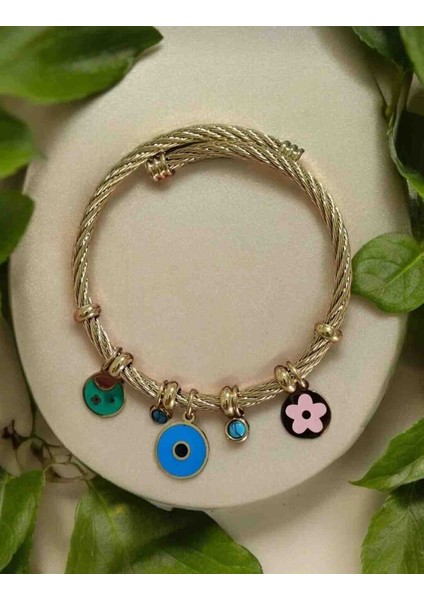 Kadın Gold Kalın Burgu Renkli Charm Çelik Kelepçe