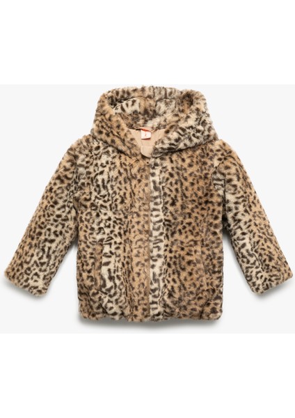 Kapüşonlu Uzun Kollu Leopar Desenli Peluş Ceket