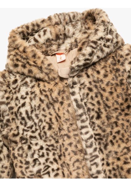 Kapüşonlu Uzun Kollu Leopar Desenli Peluş Ceket modelleri