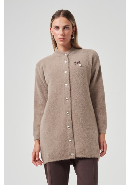 Düğme Detay Angora Hırka 7005 Vizon