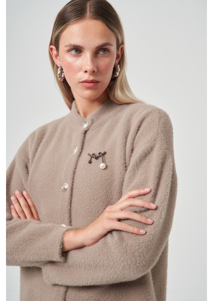 Düğme Detay Angora Hırka 7005 Vizon modelleri