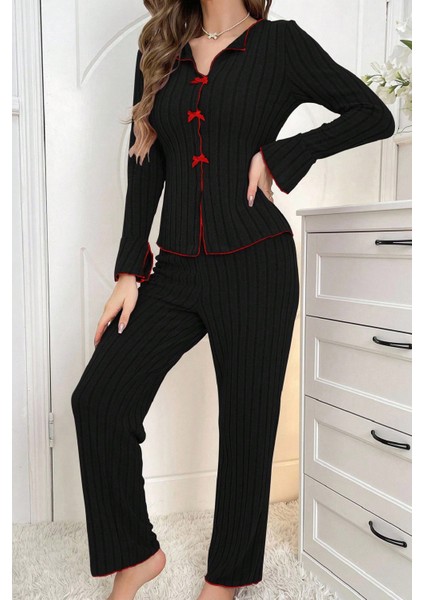 Kadın Siyah Kırmızı Biyeli ve Fiyonklu Uzun Kollu Mevsimlik Pijama Takımı fırsatları