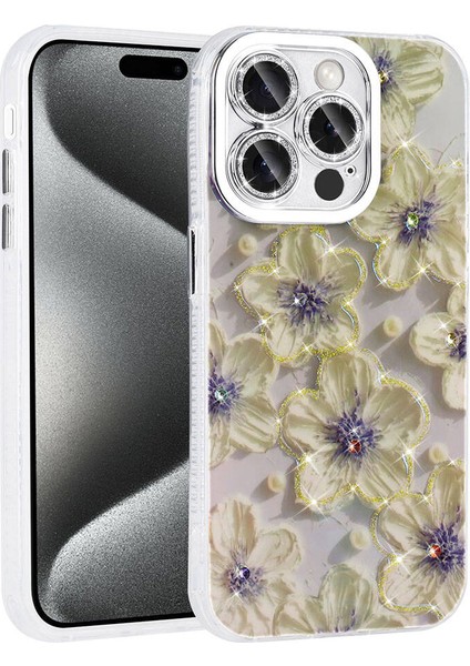 Apple iPhone 14 Pro Max Kılıf Çiçek Desenli Parlak Taşlı Sert Silikon Vlmt Garden Kapak-Mavi