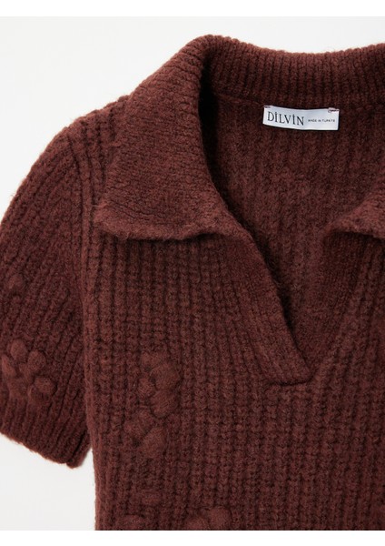 10829 Nakışlı Kısa Kollu Kazak-Kahve