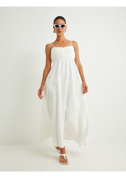 Keten Karışımlı Uzun Elbise Ince Askılı Dokulu