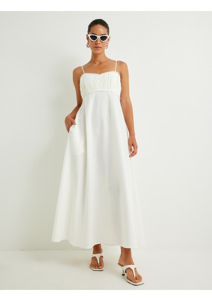Keten Karışımlı Uzun Elbise Ince Askılı Dokulu fiyatları