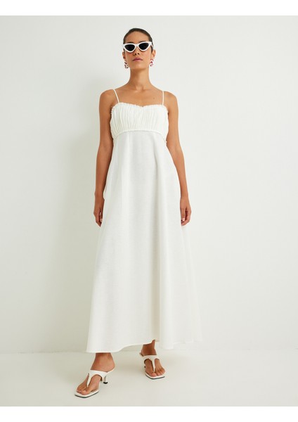 Keten Karışımlı Uzun Elbise Ince Askılı Dokulu fırsatları