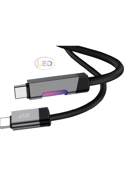 Tecno Camon 20, Camon 40 Pro 5g , Phantom X2, X2 Pro Uyumlu 45W Type C Hızlı Şarj Kablosu Veri Kablosu Rgb LED USB C Kablo Type-C To Type-C 100CM modelleri