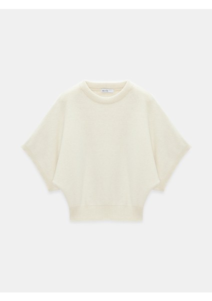 10843 Yün Karışımlı Yarasa Kollu Triko Kazak-Ekru