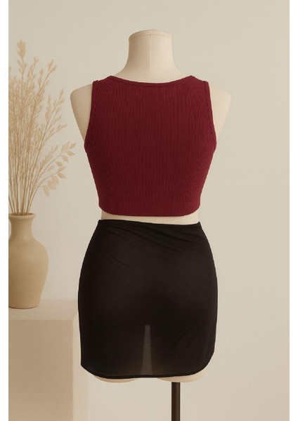 Kadın Bordo Yuvarlak Yaka Crop ve Siyah Pareo 2'li Set fiyatları