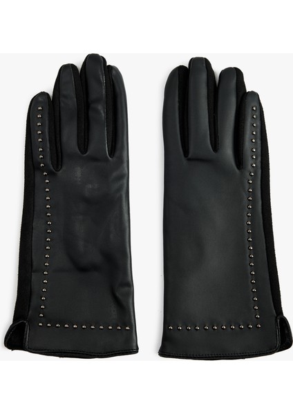 Metal Aksesuarlı Suni Deri Eldiven