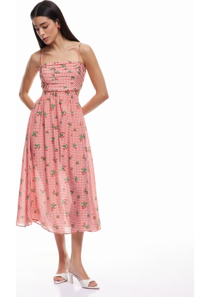 Viskon Astarlı Pencere Detaylı Pötikareli Çilek Baskılı Ince Askılı Elbise fiyatları