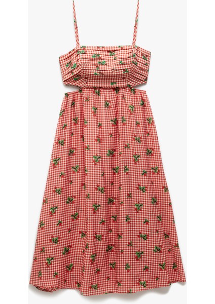 Viskon Astarlı Pencere Detaylı Pötikareli Çilek Baskılı Ince Askılı Elbise fırsatları