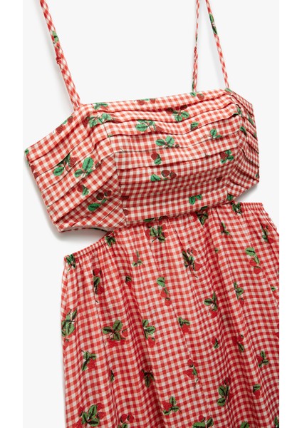 Viskon Astarlı Pencere Detaylı Pötikareli Çilek Baskılı Ince Askılı Elbise