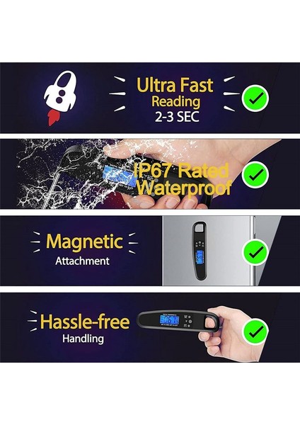 Anında Okuma Et Termometresi Izgara ve Pişirme Arka Işık ve Kalibrasyonlu Su Geçirmez Termometre - Siyah (Yurt Dışından) fırsatları