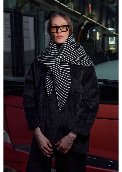 Çift Yönlü Çizgili Fular Atkı Siyah