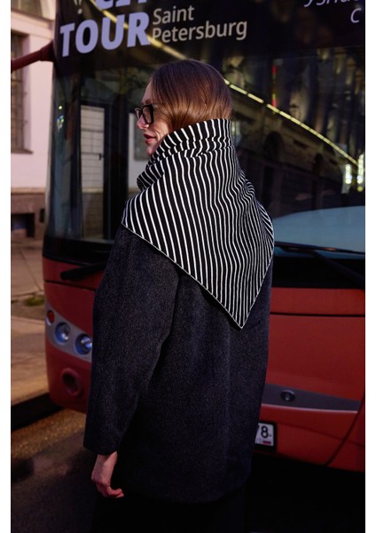 Çift Yönlü Çizgili Fular Atkı Siyah modelleri