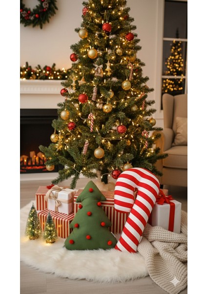Yılbaşı / Noel Dekoratif Çam -Baston Şeker 2'liset Kırlent / Yastık / Yılbaşı Ağacı / Yılbaşı Süsü