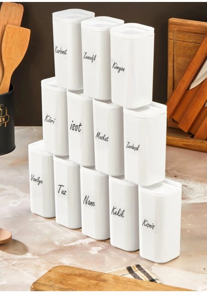 Etiketli 12'li 300 ml Vakumlu Kapak Mika Beyaz Baharatlık Takımı - Sızdırmaz Conta Saklama Kabı