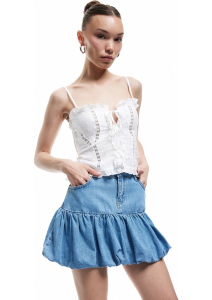 Cep Detaylı Düğmeli Mini Denim Balon Etek fiyatları