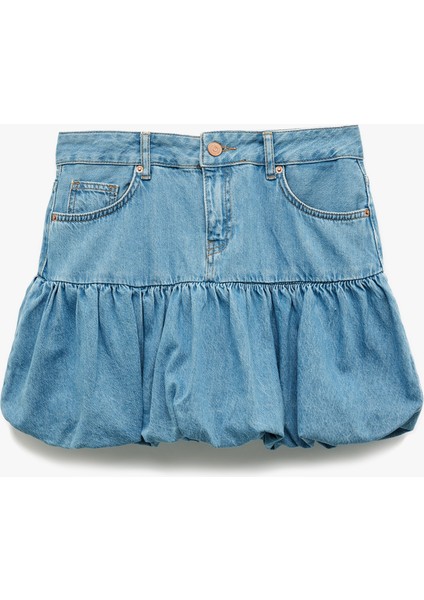Cep Detaylı Düğmeli Mini Denim Balon Etek modelleri