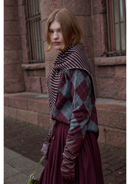 Çift Yönlü Çizgili Fular Atkı Bordo