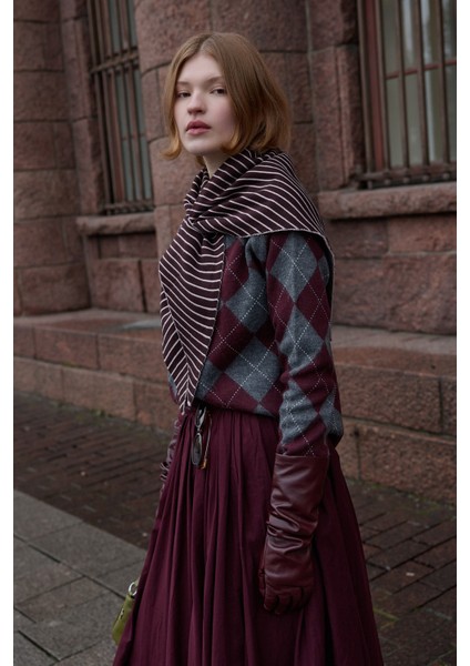 Çift Yönlü Çizgili Fular Atkı Bordo modelleri