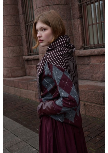 Çift Yönlü Çizgili Fular Atkı Bordo indirimleri