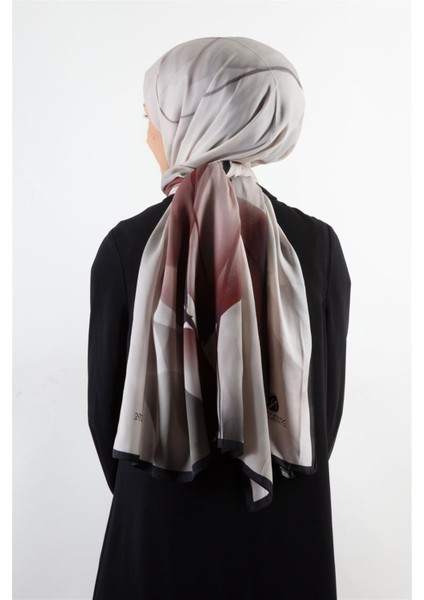 Süvari Şal Çiçek Desenli Bordo - Gri Renkli 75X210 Şal Italyan Dikişli