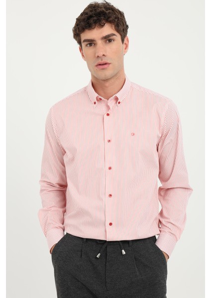 Kırmızı Erkek Regular Fit Çizgili Brent Yaka Uzun Kol Gömlek