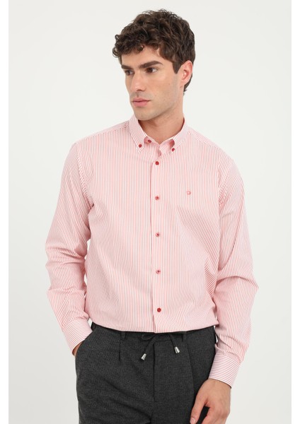 Kırmızı Erkek Regular Fit Çizgili Brent Yaka Uzun Kol Gömlek fiyatları