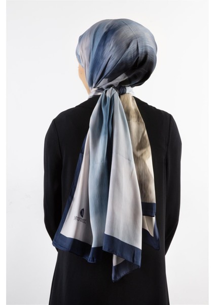 Süvari Şal Çiçek Desenli Lacivert - Bej Renkli 75X210 Şal Italyan Dikişli