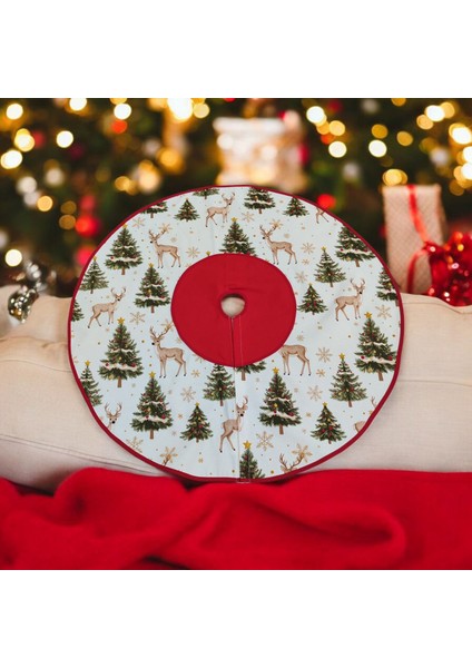 Krem Çam Ağacı ve Geyikli Yılbaşı Ayak Halısı, Yılbaşı Ağacı Altı Örtüsü, Yeniyıl Çam Ağacı Eteği Yıkanabilir