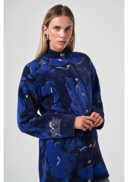 Desenli Düğme Detay Angora Hırka 7006 Lacivert