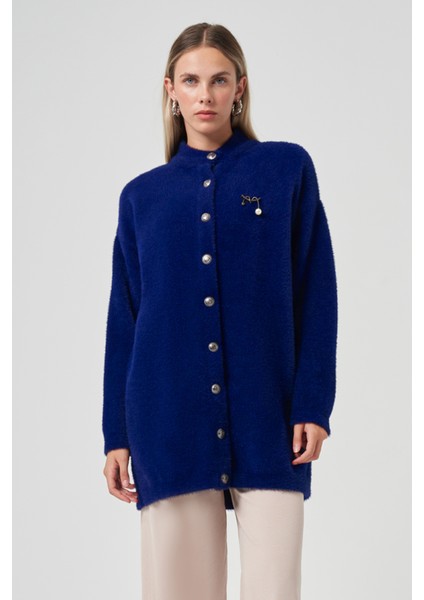 Düğme Detay Angora Hırka 7005 Saks