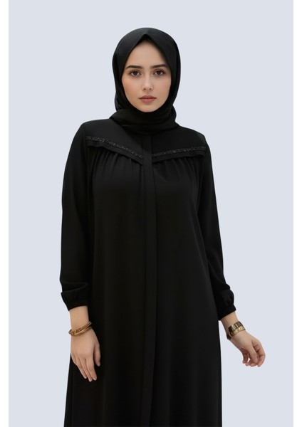 Tesettür Basic Model Taş Detaylı Rahat Kalıp Siyah Kadın Ferace Şık ve Konforlu Tesettür Dış Giyim indirimleri