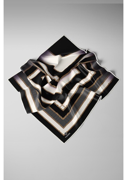 %100 Twill Ipek Zincir Detaylı Geometrik Desenli Siyah - Krem Renkli 90X90 Eşarp Dikim Şekli : El Dikişi modelleri