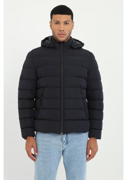 Lacivert Slim Fit Şişme Kapüşonlu Erkek Mont