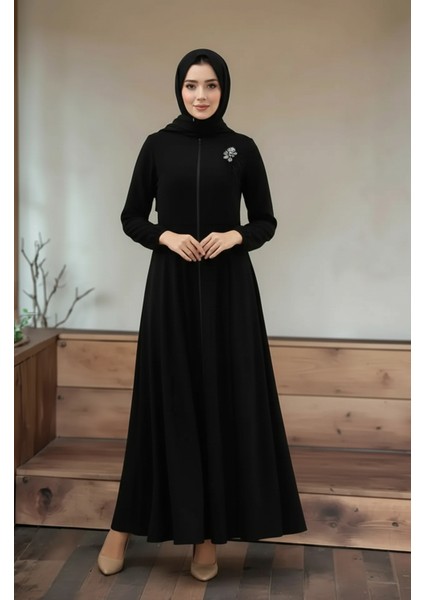 Broş Detay Mevlana Model Kaliteli Kumaş Siyah Tam Kalıp Kadın Ferace Tesettür Elbise fiyatları