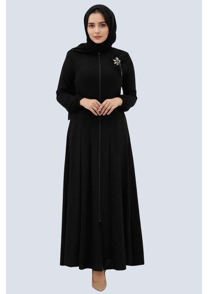 Broş Detay Mevlana Model Kaliteli Kumaş Siyah Tam Kalıp Kadın Ferace Tesettür Elbise modelleri