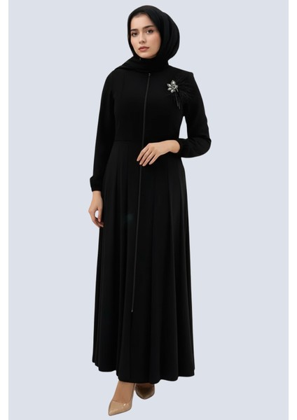 Broş Detay Mevlana Model Kaliteli Kumaş Siyah Tam Kalıp Kadın Ferace Tesettür Elbise fırsatları